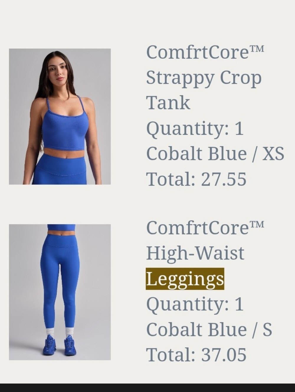 ComfortCore Cobalt Blue Activewear Set Crop Tank XS & High Waist Leggings S - Picture 2 of 8